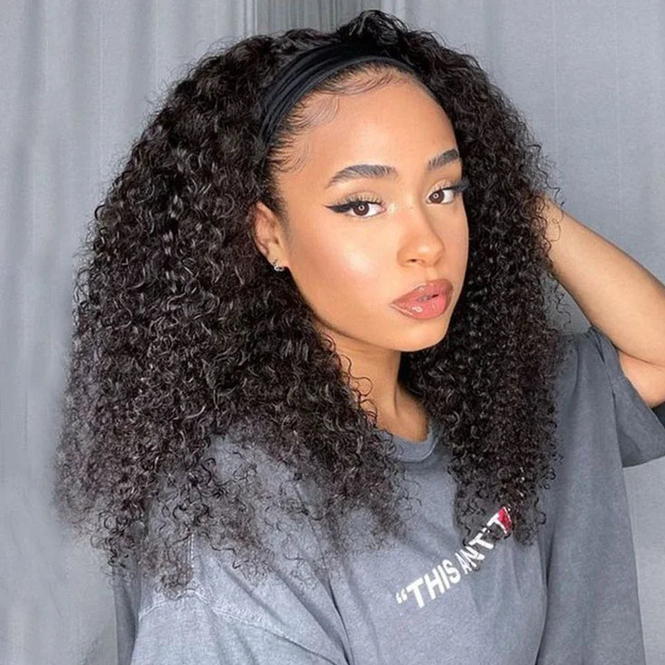 Debut Indian Kinky Curly Human Hair Headband Wig For Black Women 180% Density Glueless Remy Jerry Curl Full Machine Made Hair