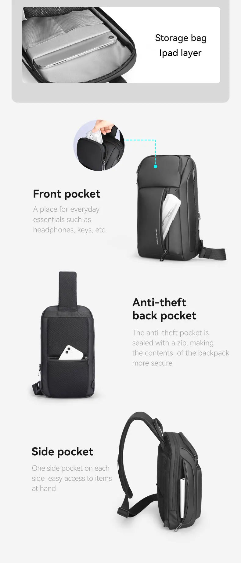MarkRyden Colonne: Fashion Chest Bags Outdoor Leisure Waterproof Shoulder Crossbody Bag Large Space Chest Bag Men Sling Bag