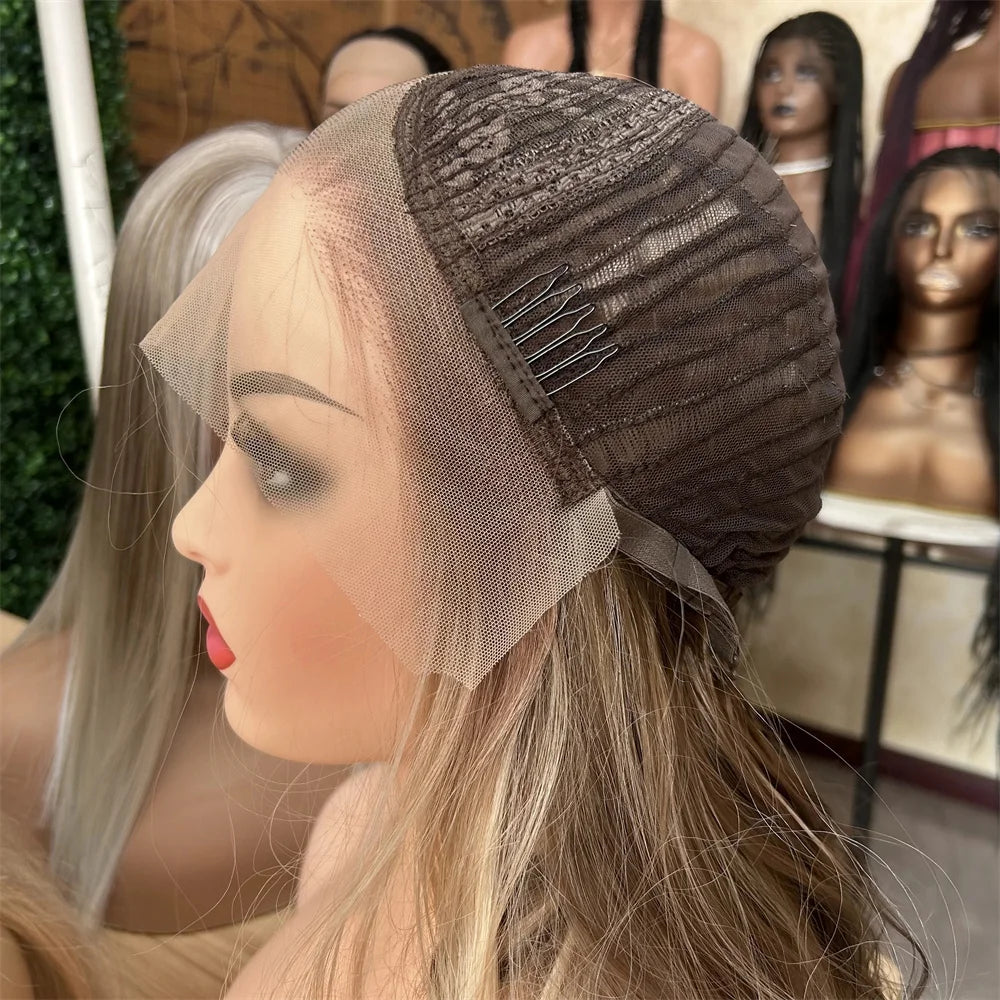 Long Blonde Wig Thick Wavy Blonde Lace Front Wig with Light Brown Roots Balayage Synthetic Fibre Luxury Women Wigs Daily Use