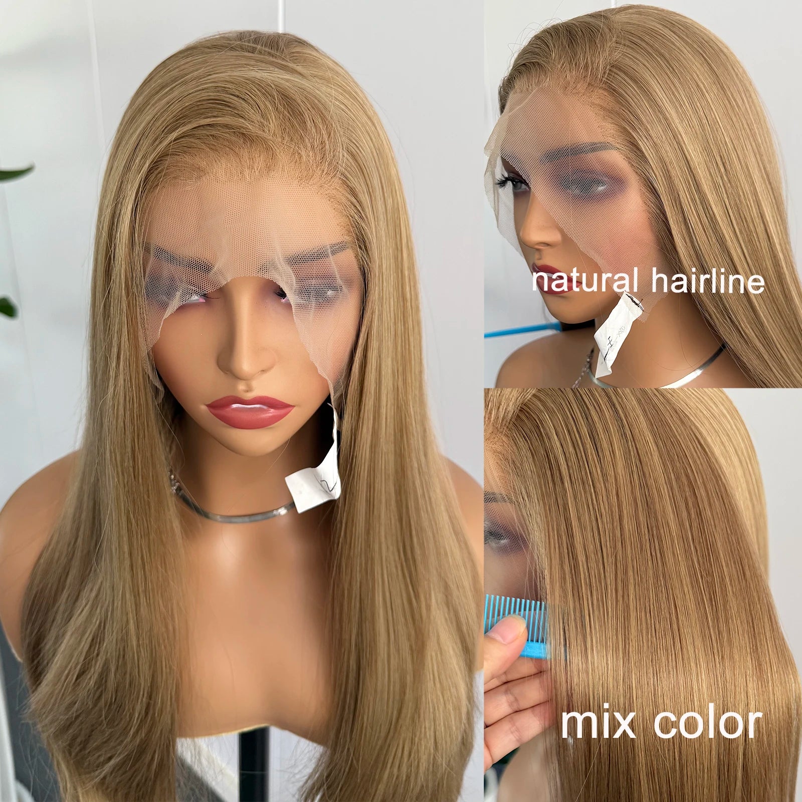 Blonde Highlights Lace Front Wig 13x4 Synthetic Long Silky Straight Wig for Women Mix Color Natural Looking Daily Wear Wigs