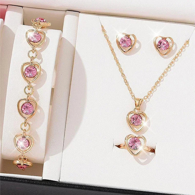 Gold Heart Shaped Jewelry Set – 5-Piece Rhinestone Double Heart Ring, Earrings & Necklace for Women
