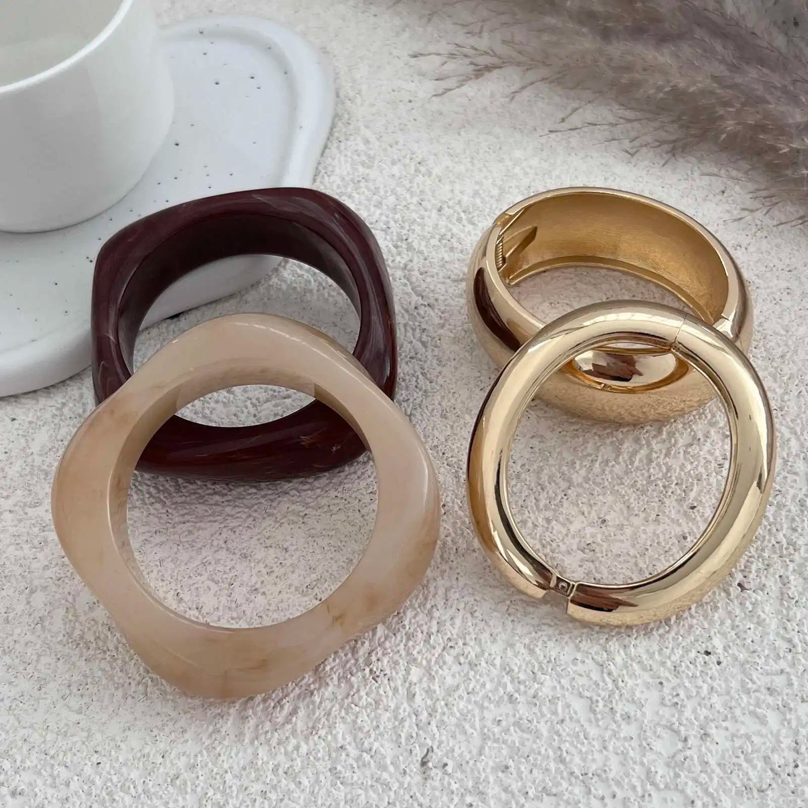 IngeSight.Z 3 Styles Vintage Irregular Resin Bangle Bracelets Women Punk Geometric Wide Metal Bracelet Chunky Party Jewelry Gift