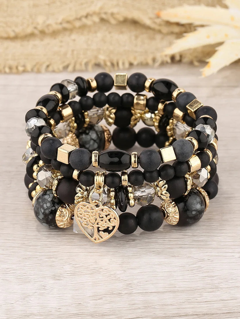 New Acrylic Beads Chain Bracelet Set For Women Tree Of Life Charm Elastic Bangle Female Bohemian Jewelry Accessories