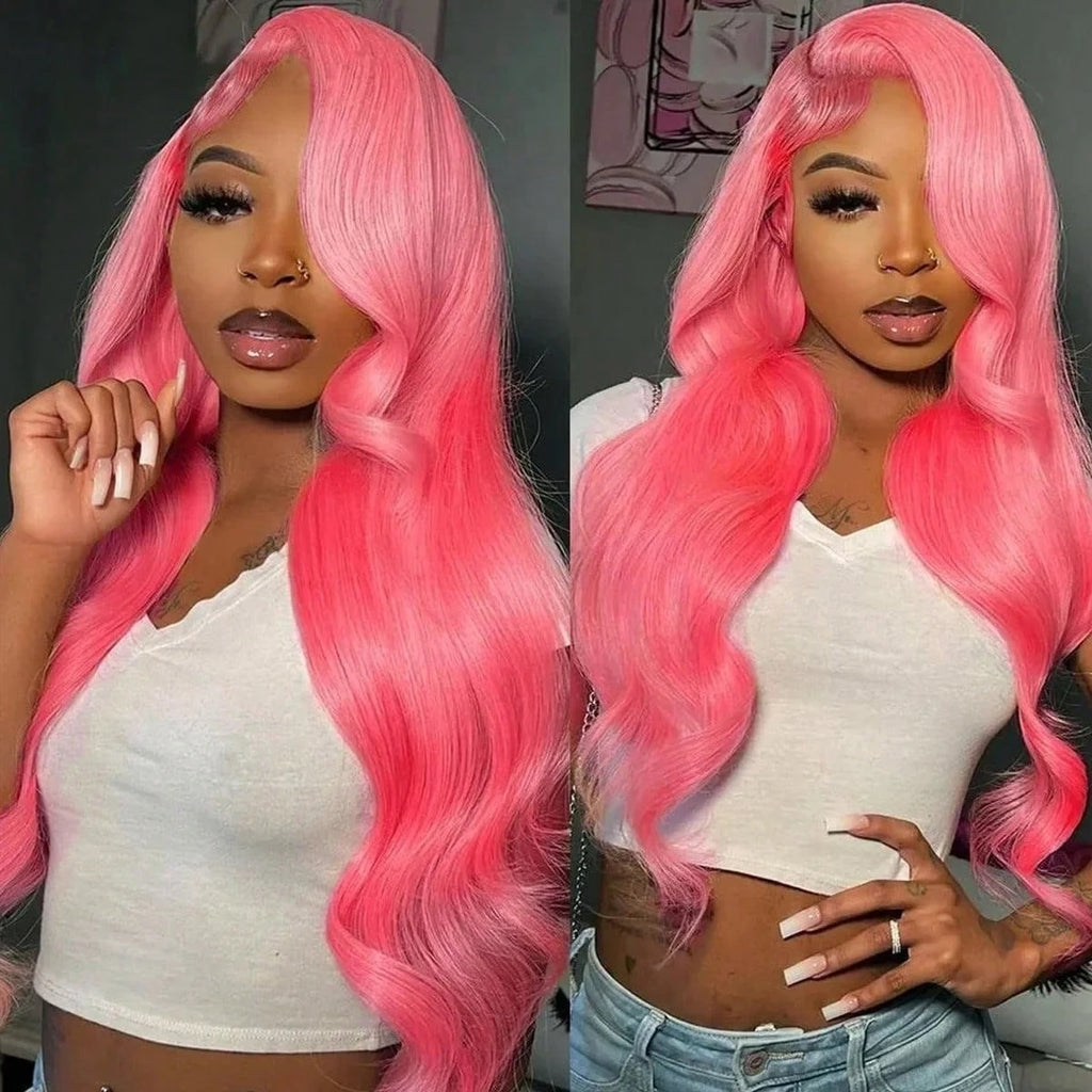 13x6 Pink Body Wave Lace Front Wigs For Women Long Wavy Hair Wig Soft Lace Wig With Natural Hairline Human Hair Party Cosplay