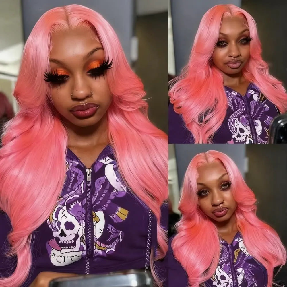 13x6 Pink Body Wave Lace Front Wigs For Women Long Wavy Hair Wig Soft Lace Wig With Natural Hairline Human Hair Party Cosplay