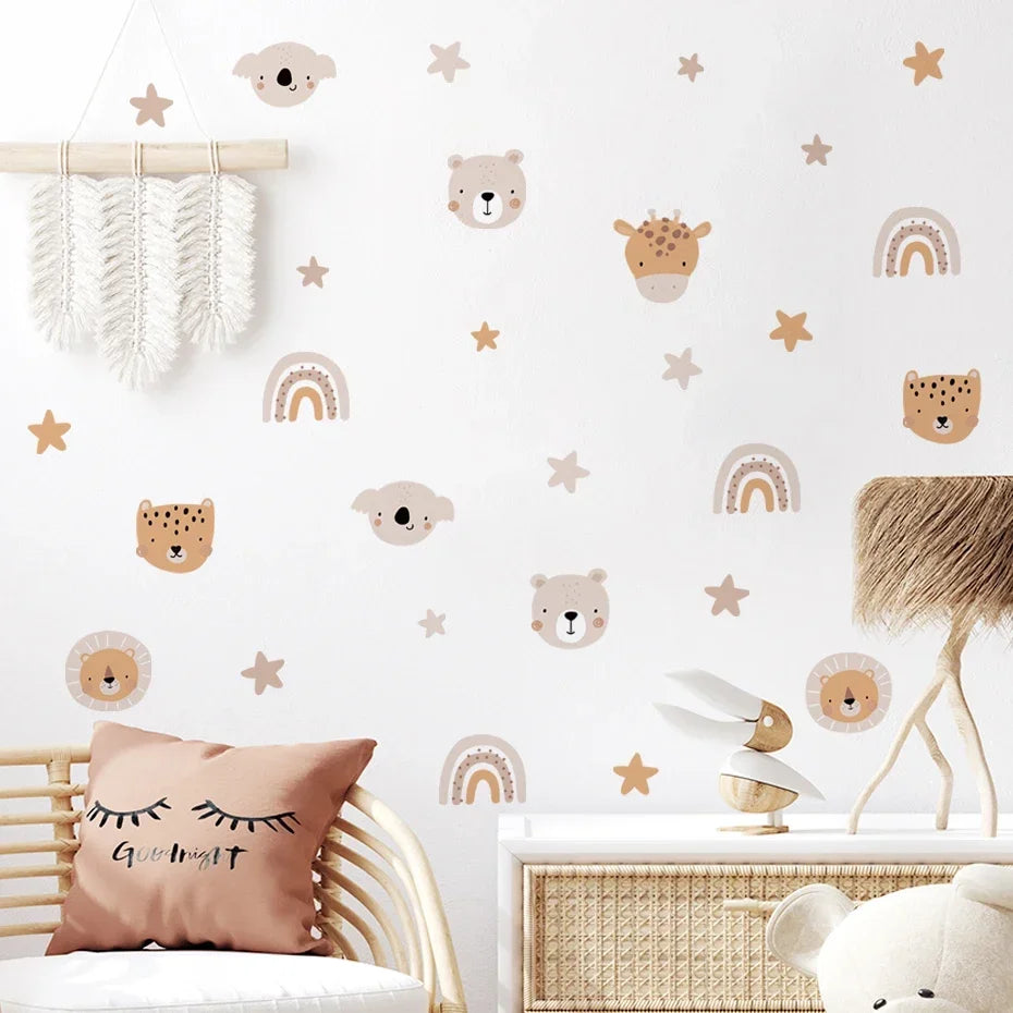 Boho Rainbow Bear Nursery Wall Decals | Cute Cartoon Animals & Stars Kids Room Stickers | Girls Bedroom Home Decor