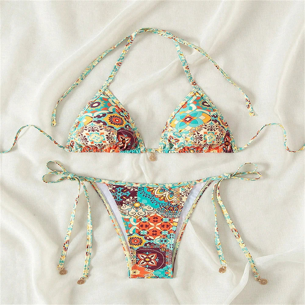 Boho Print Halter String Lace-Up Bikini – Women's Y2K Vacation Swimsuit