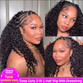 250% Density Deep Curly Half Wigs Human Hair Water Wave Wig Upgrade 3 IN 1 Half Wig With Drawstring Seamless Clip Ins Flip Over