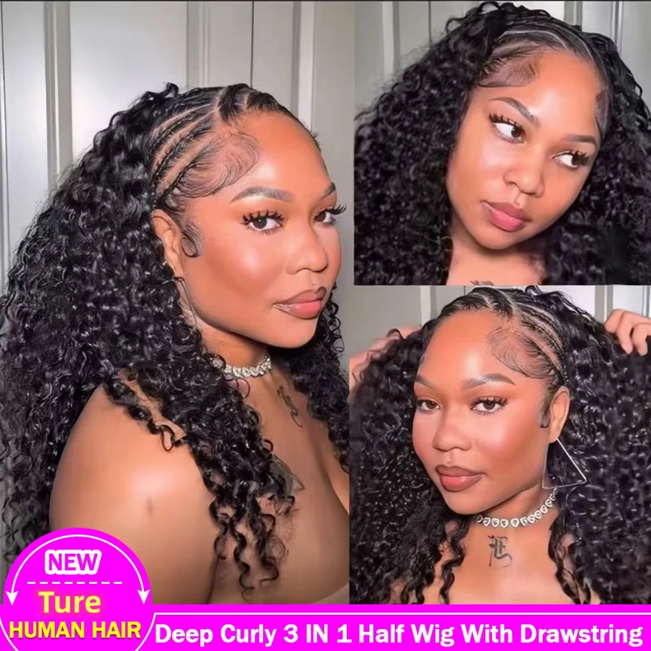 250% Density Deep Curly Half Wigs Human Hair Water Wave Wig Upgrade 3 IN 1 Half Wig With Drawstring Seamless Clip Ins Flip Over