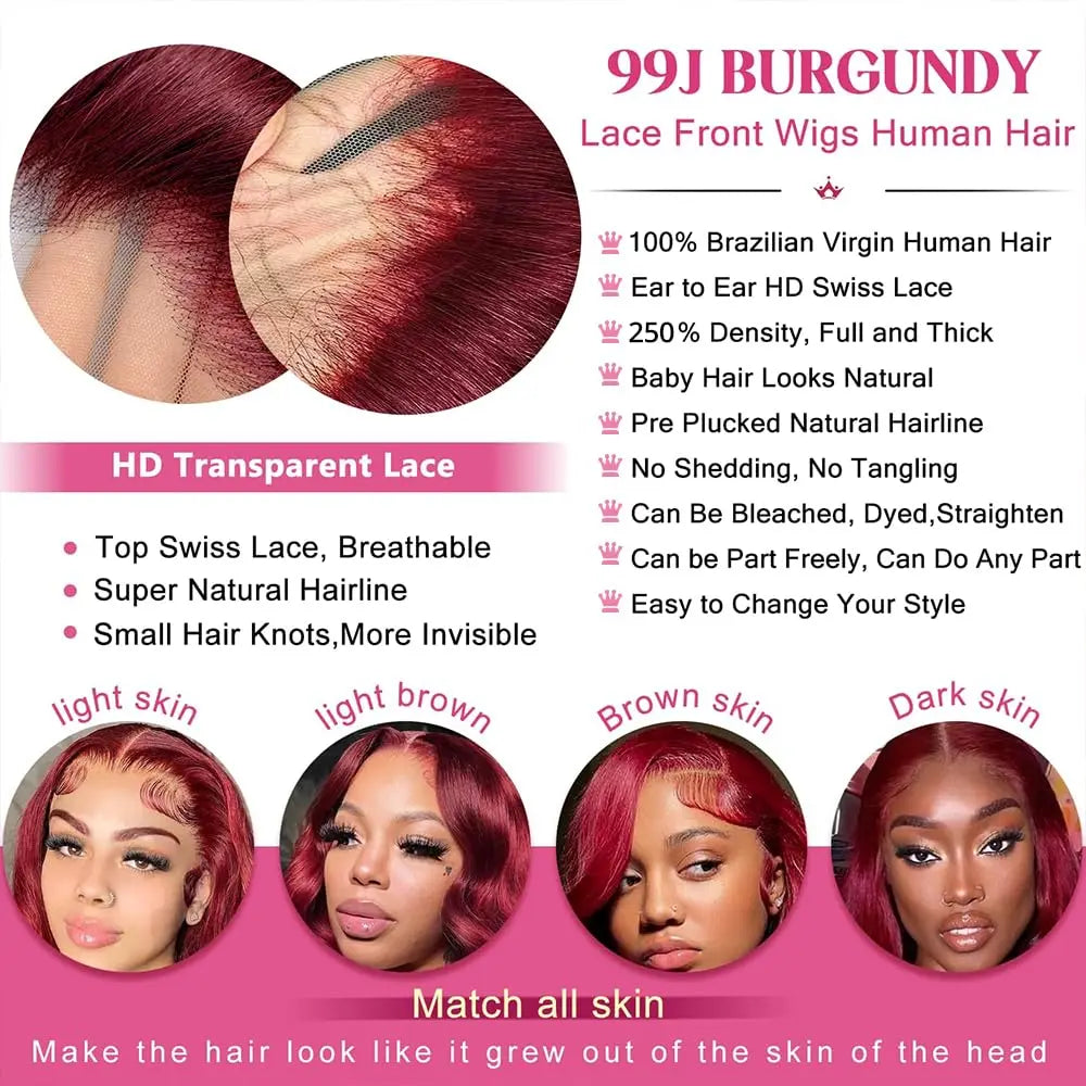 99J 360 Full Lace Wig Human Hair Pre Plucked Burgundy 250 High Density Lace Wigs Body Wave Lace Front Wig Human Hair Wigs