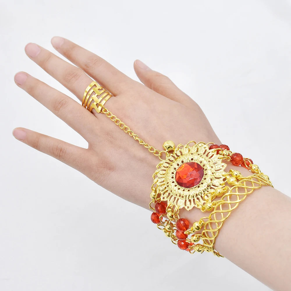Indian Belly Dance Jewelry Set – Crystal Bell Tassel Necklace, Earrings, Bracelet & Hair Accessories