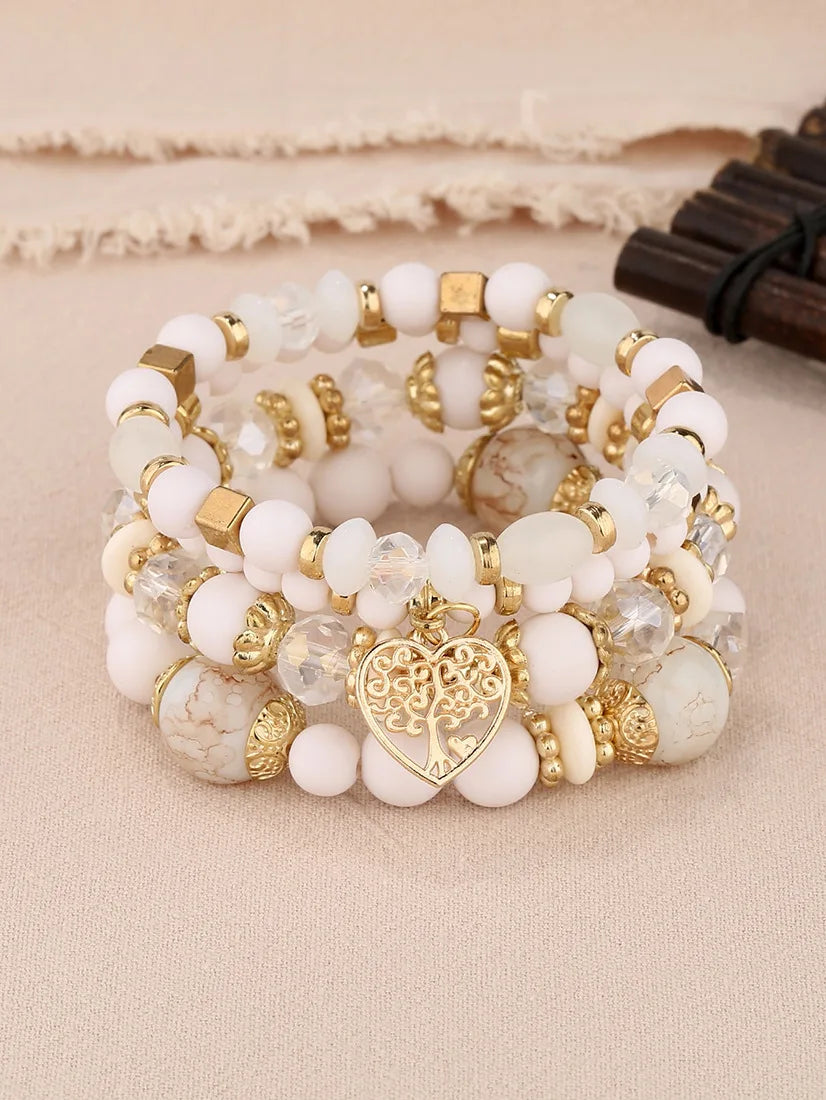 New Acrylic Beads Chain Bracelet Set For Women Tree Of Life Charm Elastic Bangle Female Bohemian Jewelry Accessories