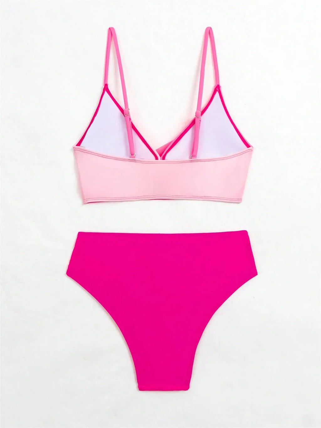Pink Contrast Push-Up Cross Bikini – Women's Two-Piece Patchwork Swimsuit