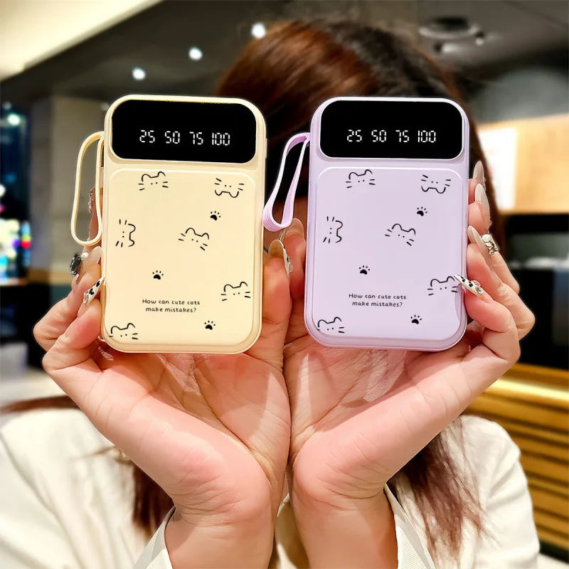 Cat-Shaped Portable Power Bank – 10000mAh / 20000mAh, Built-in Cables, Fast Charge