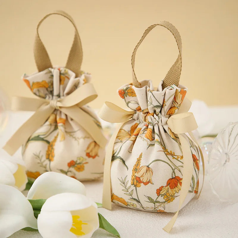 5/10pcs Portable Drawstring Handheld Canvas Candy Bags with Floral Pattern & Ribbon Bow Soft Reusable Wedding Gift Packing Bags