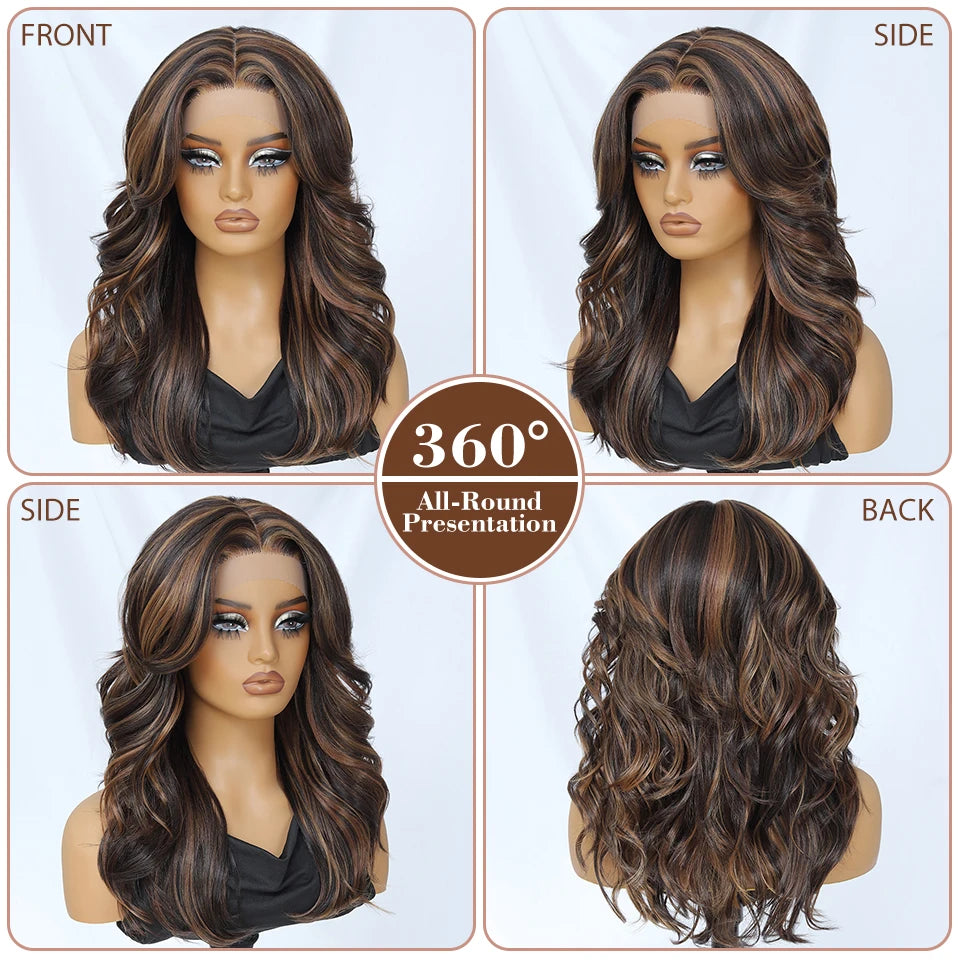 Ombre Brown Blonde Synthetic Body Wave Lace Front Wig 13x5x1 For Black Women 18“ T Part Wavy Layered Cosplay Wig with Baby Hair
