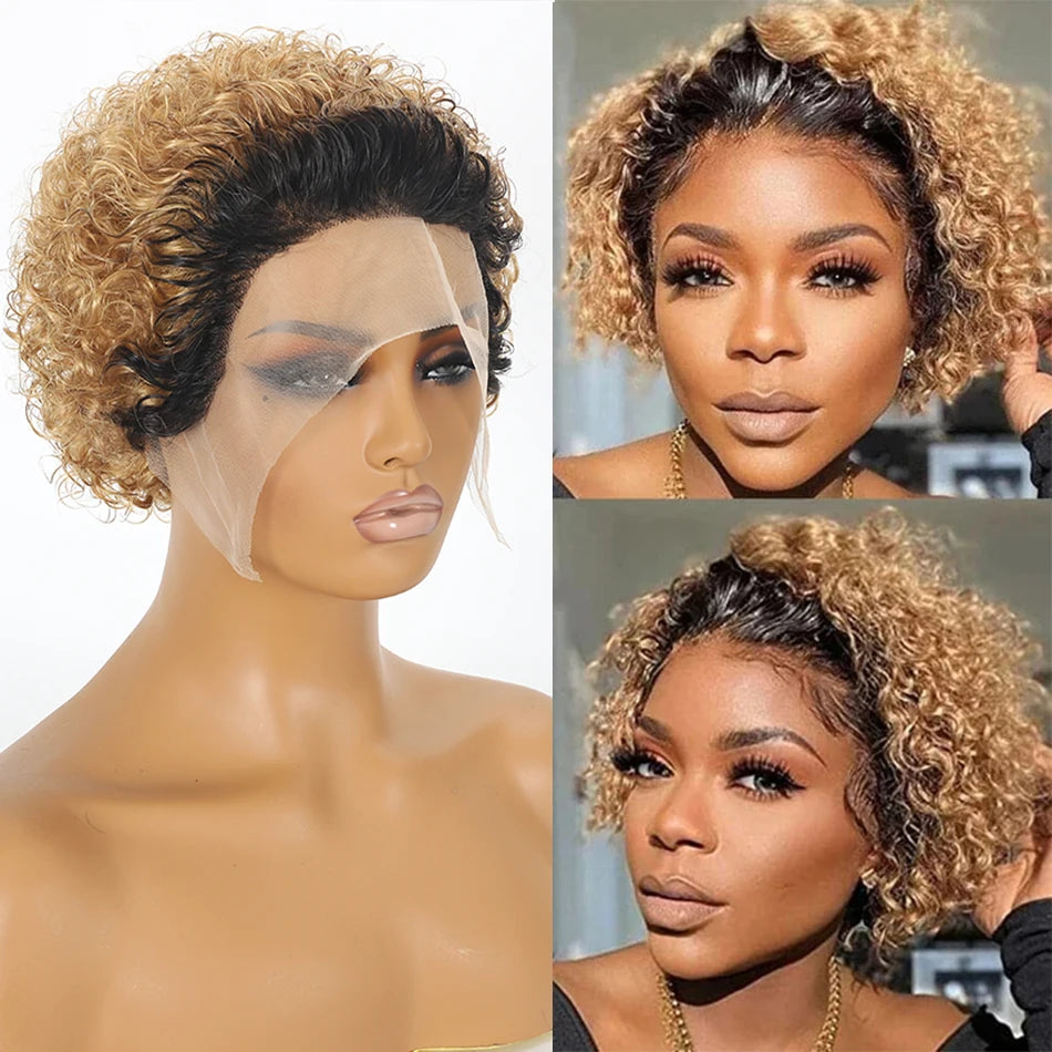 Pixie Cut Wig Short Bob Human Hair Wigs Blonde Burgundy 1B 30 Brown Color 13x1 Transparent Lace Wig For Women Natural Color Remy