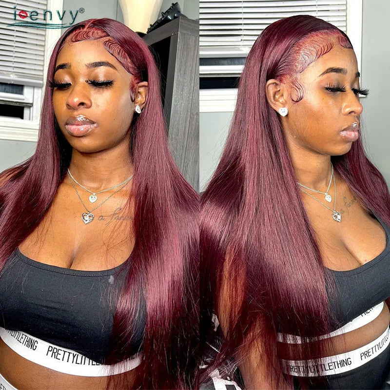 Ginger Blonde Lace Front Wigs Wear & Go 28inch Peruvian 13*1 Part Lace Front Human Hair Wig Remy 180% Colored Lace Wig Burgundy