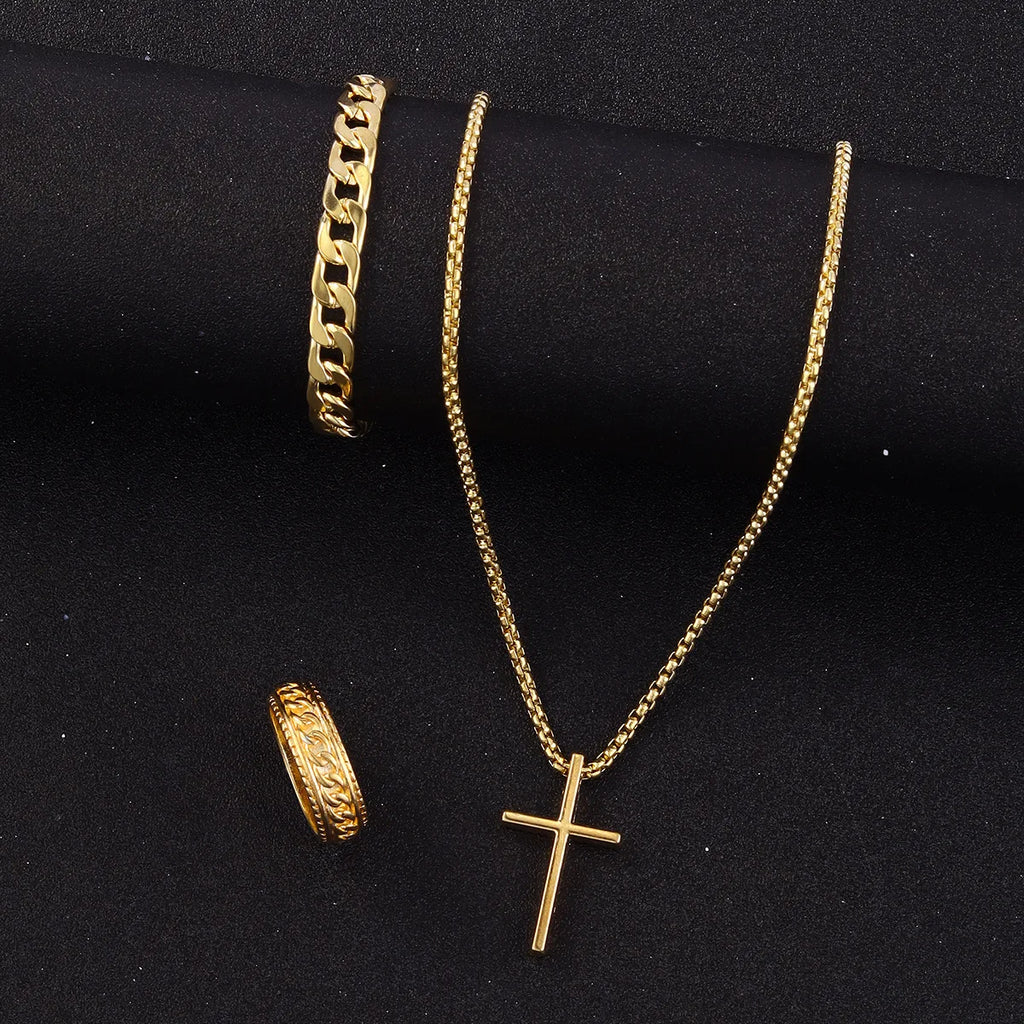 Hip Hop Fashion Cross Pendant Necklace Bracelet Chain Ring Men's Set Simple Personality Party Three Piece Jewelry Accessories
