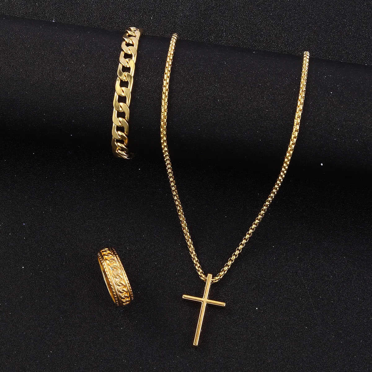 Hip Hop Fashion Cross Pendant Necklace Bracelet Chain Ring Men's Set Simple Personality Party Three Piece Jewelry Accessories