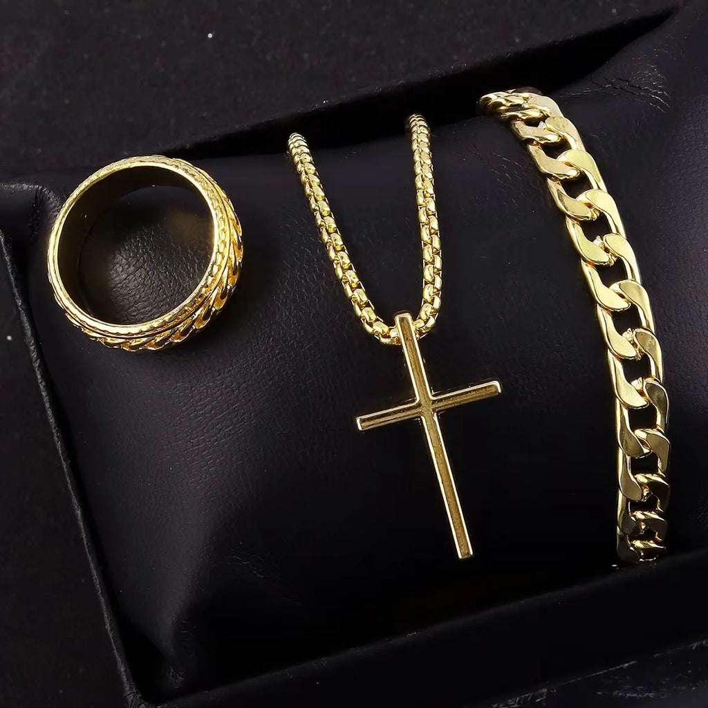 Hip Hop Fashion Cross Pendant Necklace Bracelet Chain Ring Men's Set Simple Personality Party Three Piece Jewelry Accessories