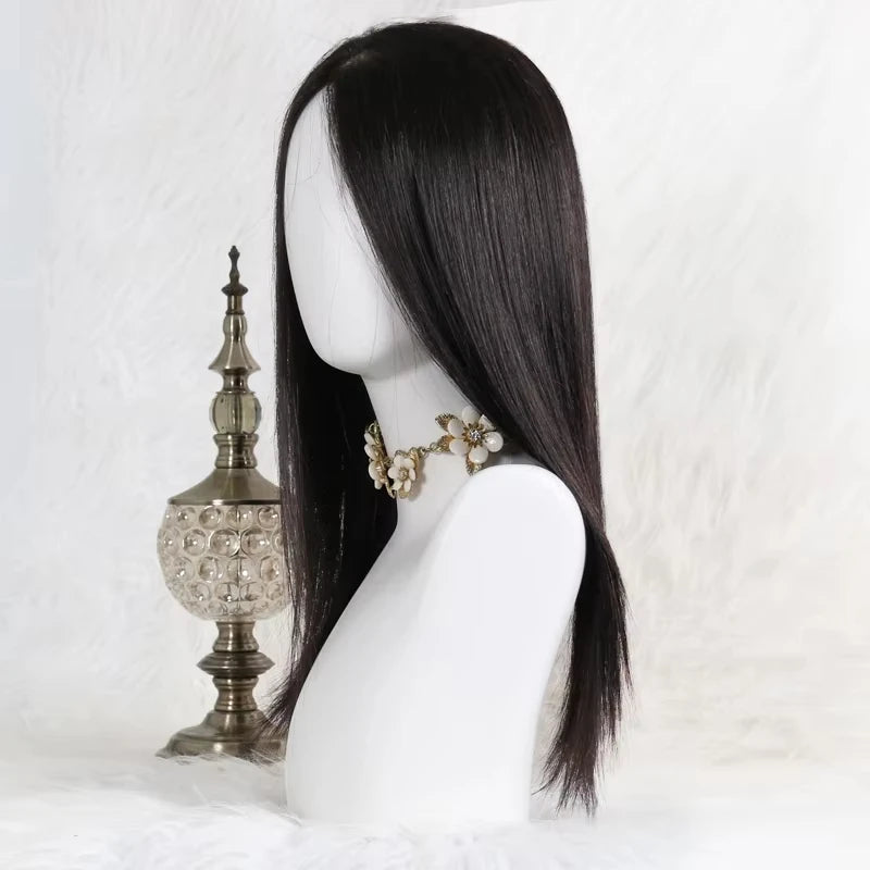 6x6inch Silk Base Topper with Air Bangs Virgin European Human Hair Wig for Women Silk Top with PU Front Glueless Soft Breathable