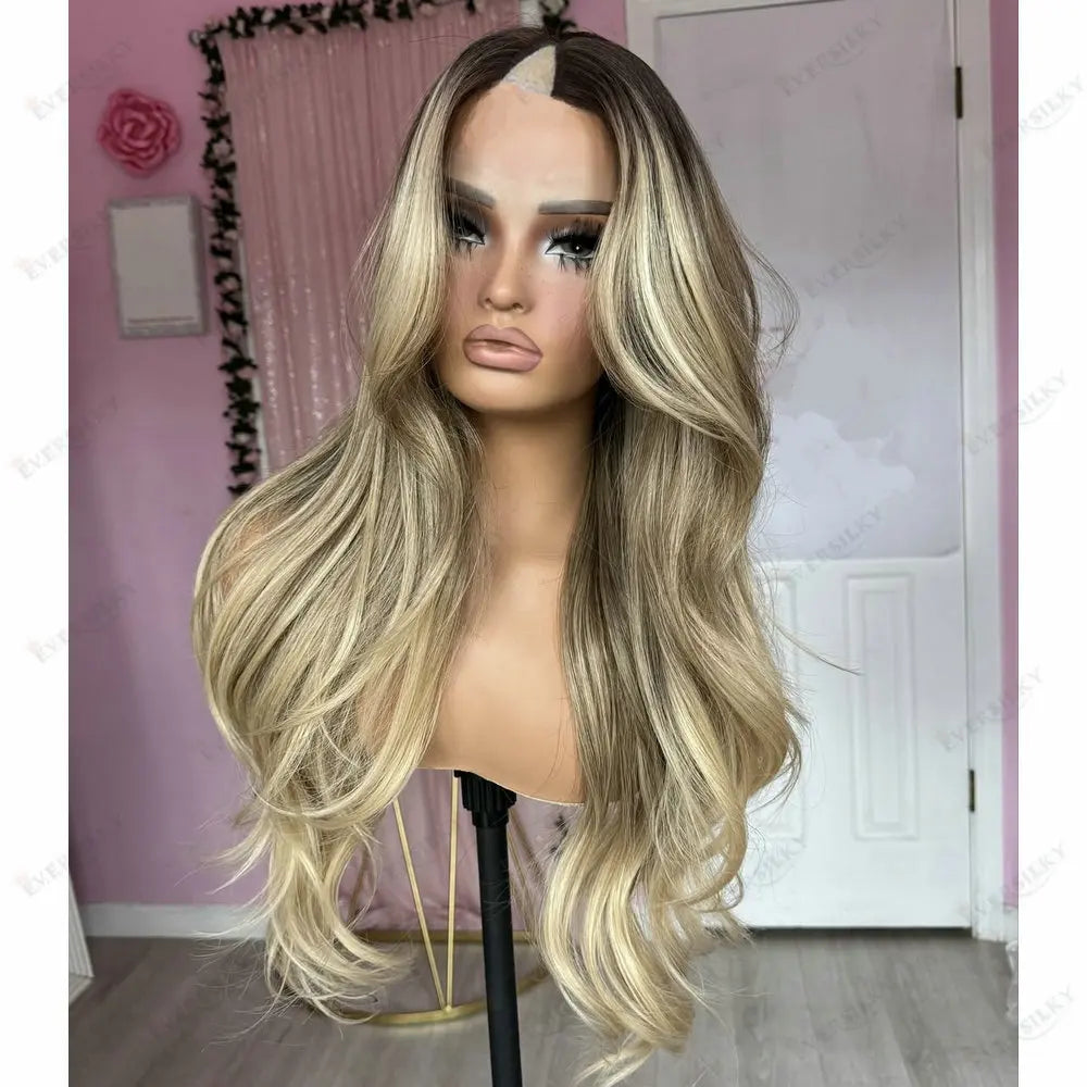 Light Ash Blonde Highligths Glueless U Part Wig Human Hair Balayage Roots Curly V Part Wig 100% Virgin Human Hair Wig for Women