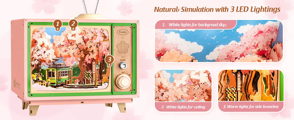 Robotime Rolife Sakura Dreamy Tour 3D Wooden Puzzle Music Box | LED Light & Moving Tram | Therapeutic DIY Gift for Teens & Adults