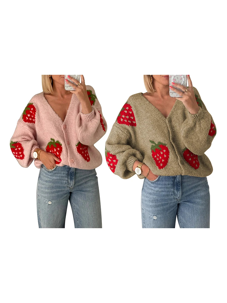 Women's Strawberry Knitted Cardigan – Button Closure Long Sleeve Fall Sweater Jacket