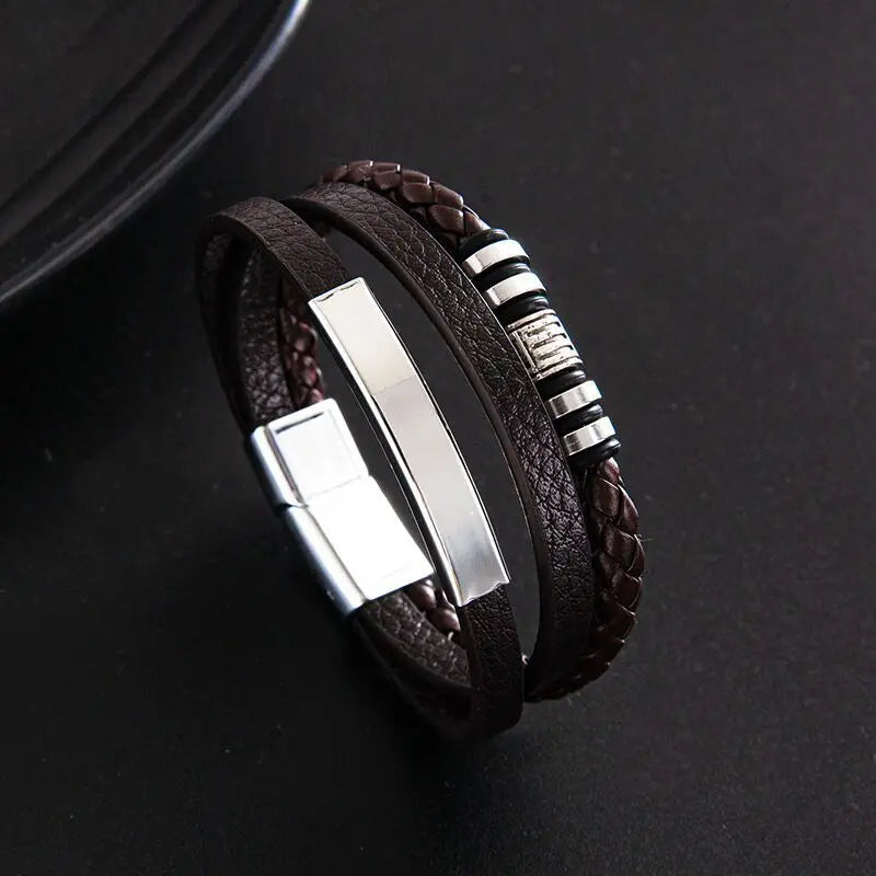 IFYOUOO Bracelet 21CM Multilayer Braided Rope Bracelets for Male Trendy Leather Bracelets For Men Stainless Steel Jewelry Gifts