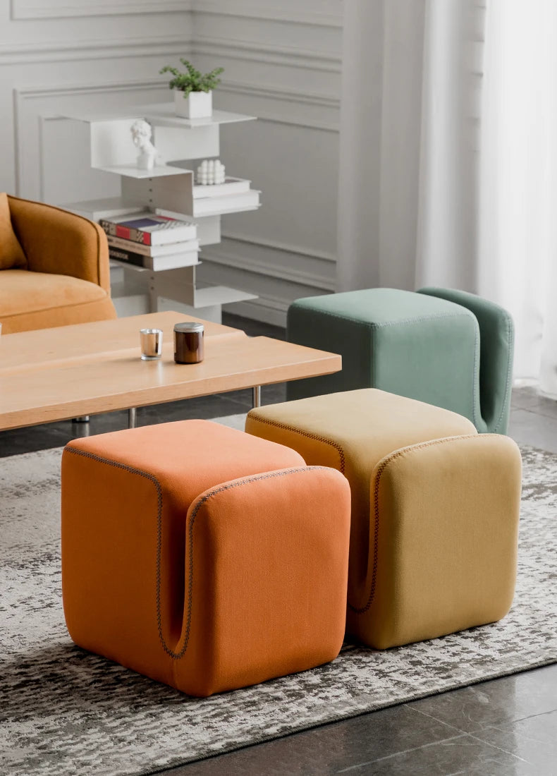 Nordic Hallway Pouf Ottoman – Fabric Shoe Changing Stool with Book Storage