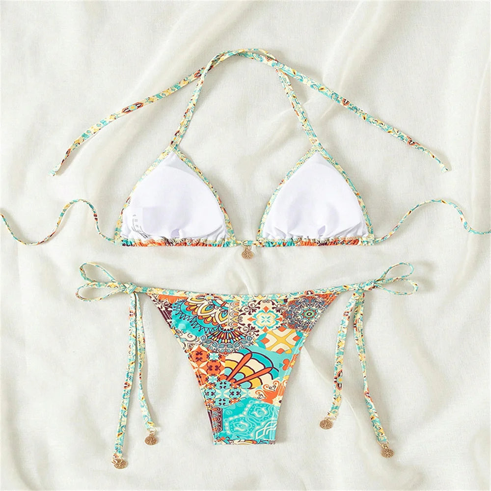 Boho Print Halter String Lace-Up Bikini – Women's Y2K Vacation Swimsuit