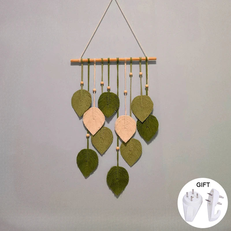 Boho Macrame Leaf & Feather Wall Hanging | Handmade Tapestry Wall Art | Living Room Bedroom Boho Home Decor
