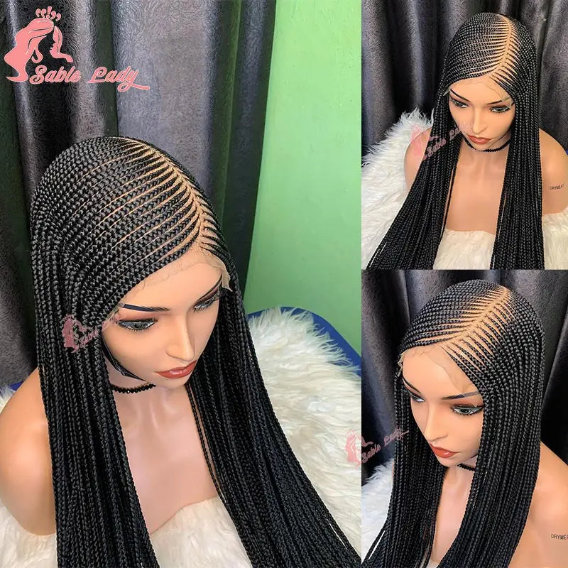 36" Full Lace Cornrow Braided Wigs Synthetic Burgundy Red Knotless Box Braids Wig Godness Side Part Braided Wigs for Black Women