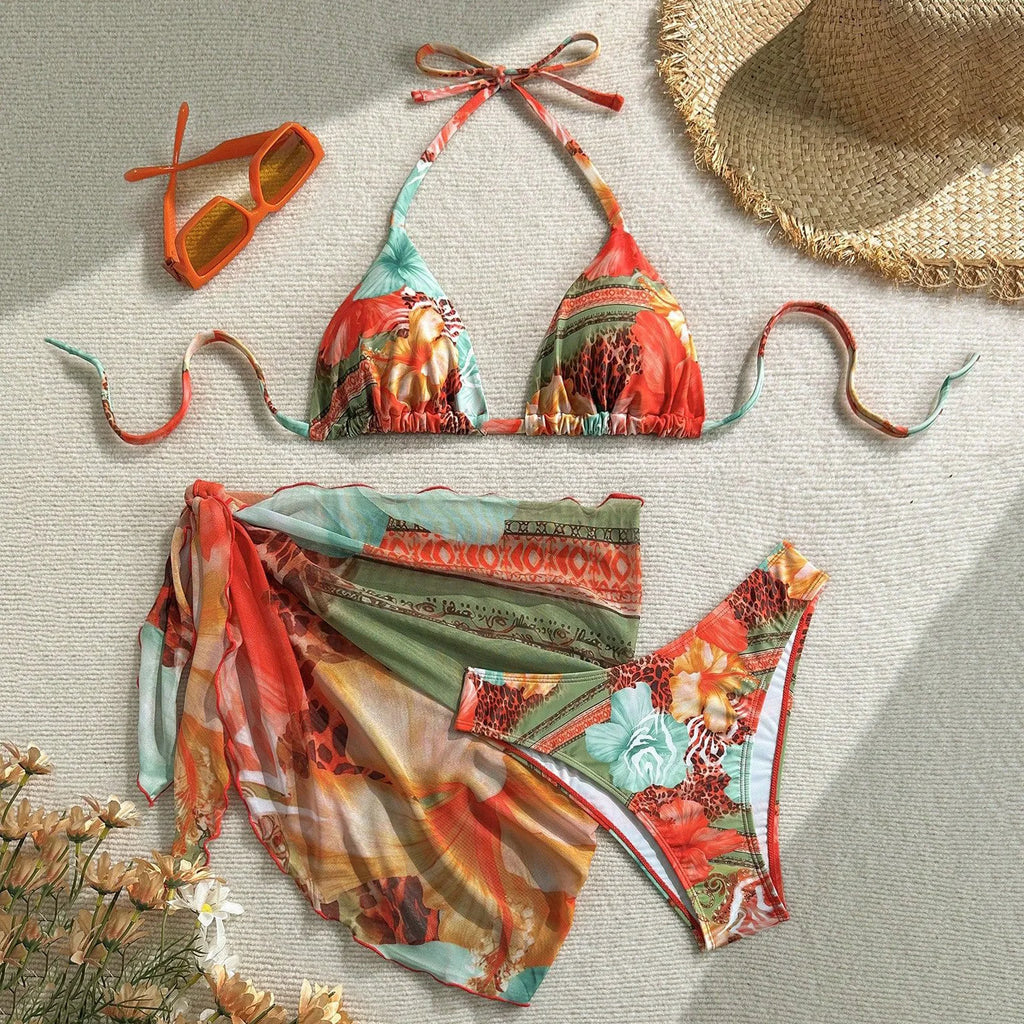 Orange Flower Print Swimwear Halter String Triangle Bikinis Sets 3 Piece Cover Ups Sexy Swimsuit Women 2026 Beach Wear Bikini