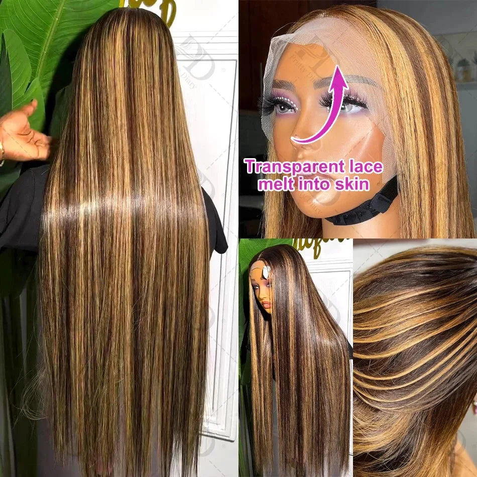 Highlight Colored Straight Lace Front Human Hair Wigs Honey Blonde 13X4 13x6 HD Transparent Lace Frontal Wigs For Black Women