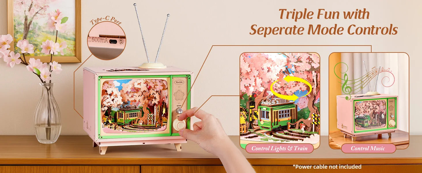 Robotime Rolife Sakura Dreamy Tour 3D Wooden Puzzle Music Box | LED Light & Moving Tram | Therapeutic DIY Gift for Teens & Adults