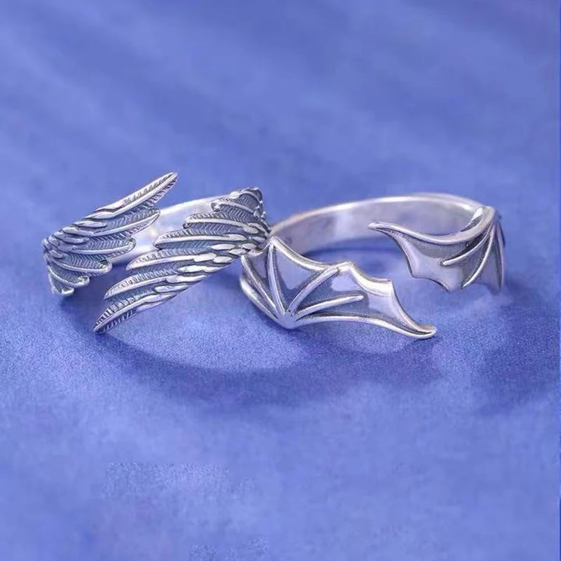 2 Pcs/set Punk Angel Demon Wing Couples Rings for Women Retro Silver Color Feather Open Ring Wedding Jewelry Valentine's Gift