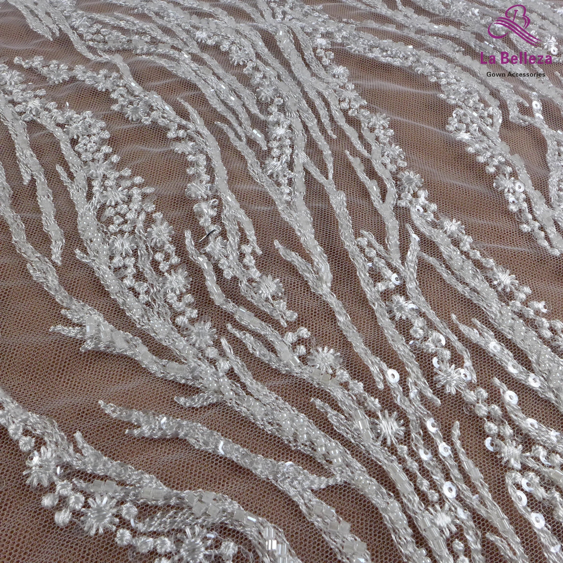 La Belleza Hot fashion bride lace,simple lines beading lace fabric,white lace fabric embroidered for wedding dresses by yard