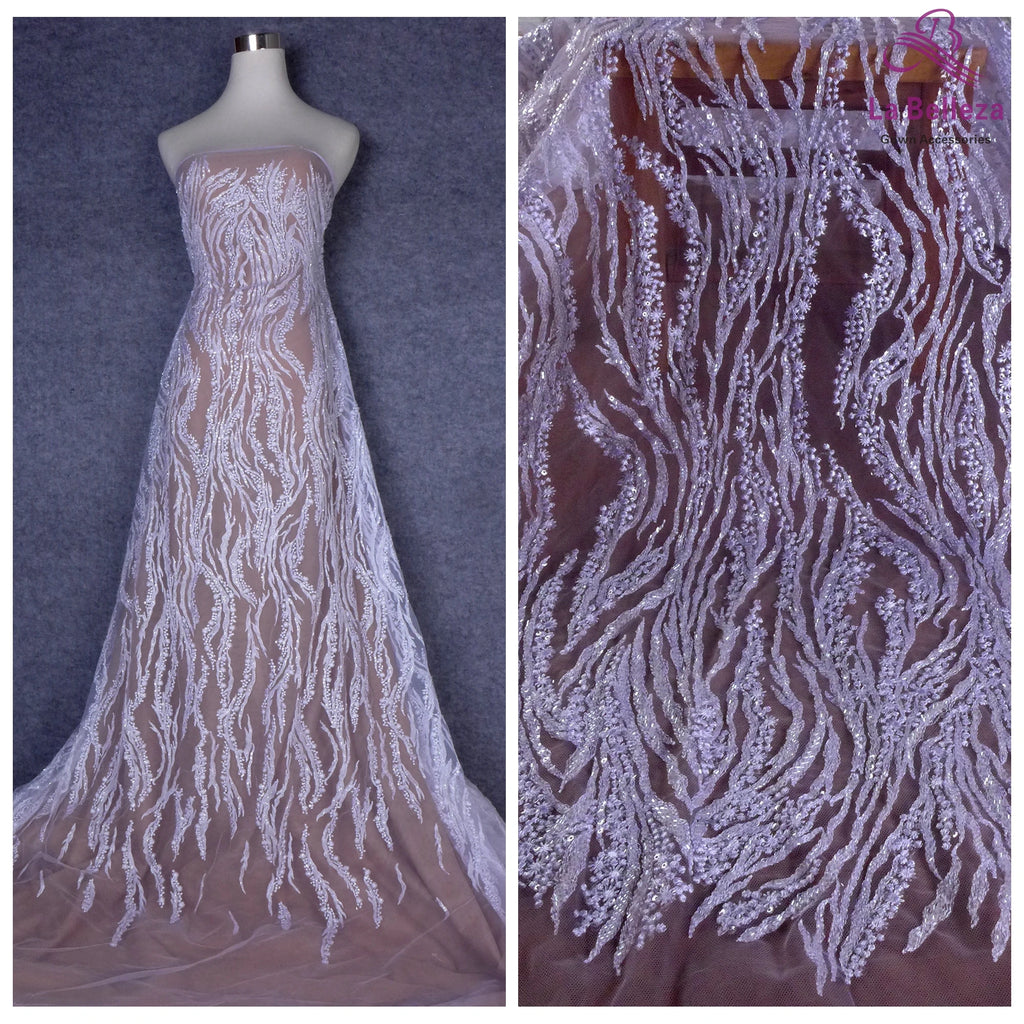 La Belleza Hot fashion bride lace,simple lines beading lace fabric,white lace fabric embroidered for wedding dresses by yard