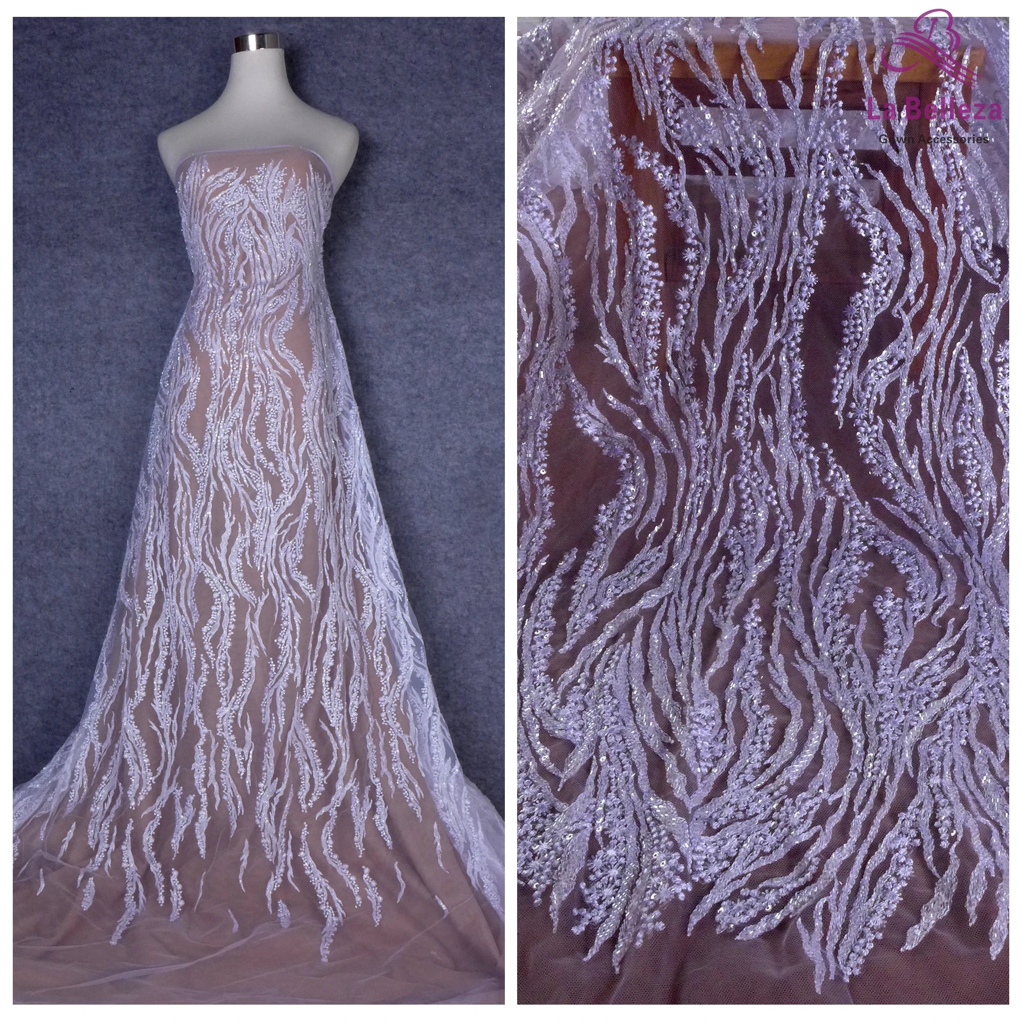 La Belleza Hot fashion bride lace,simple lines beading lace fabric,white lace fabric embroidered for wedding dresses by yard