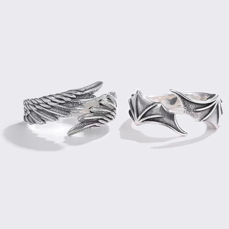 2 Pcs/set Punk Angel Demon Wing Couples Rings for Women Retro Silver Color Feather Open Ring Wedding Jewelry Valentine's Gift