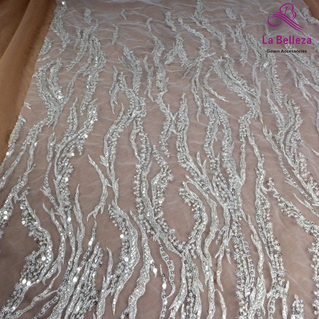 La Belleza Hot fashion bride lace,simple lines beading lace fabric,white lace fabric embroidered for wedding dresses by yard
