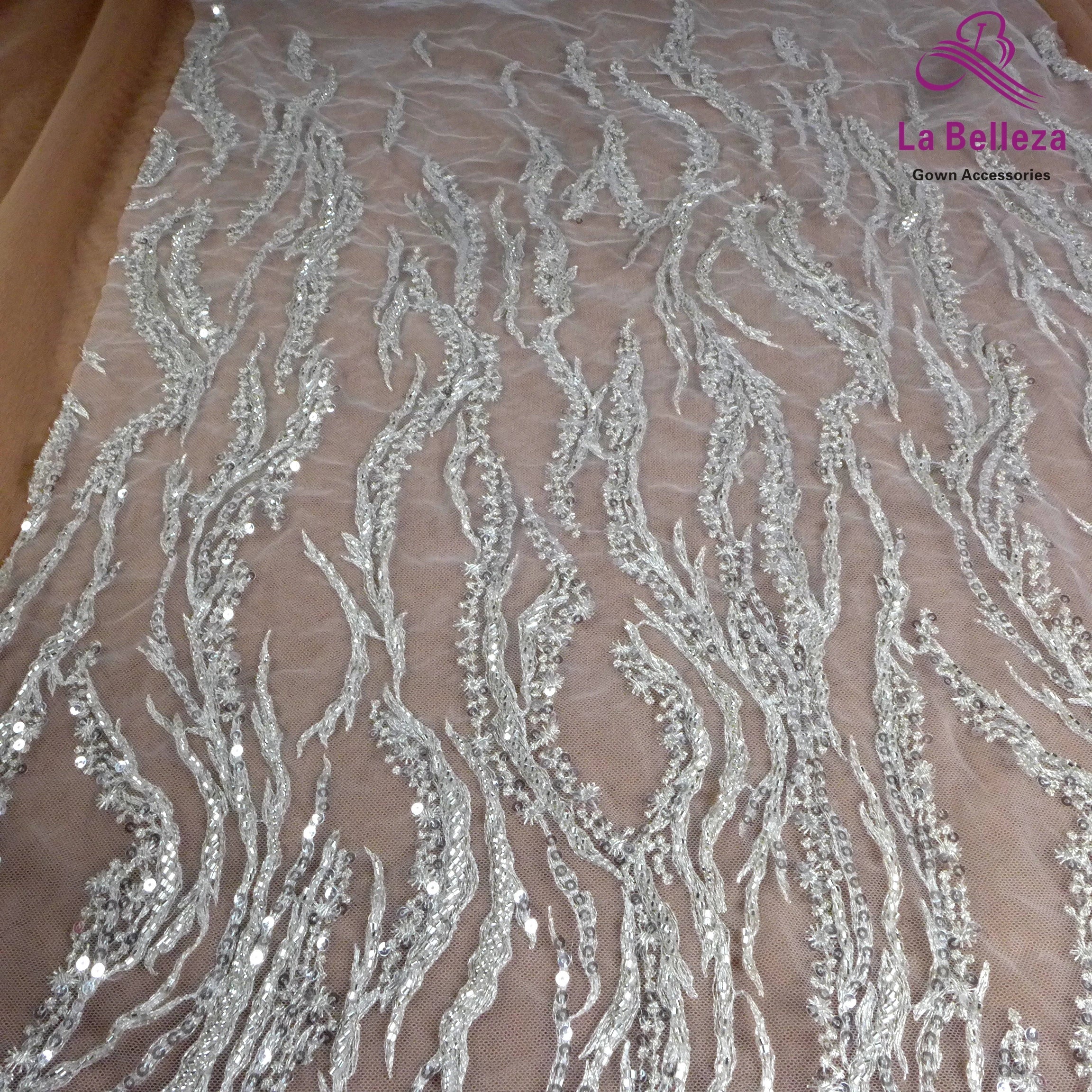 La Belleza Hot fashion bride lace,simple lines beading lace fabric,white lace fabric embroidered for wedding dresses by yard