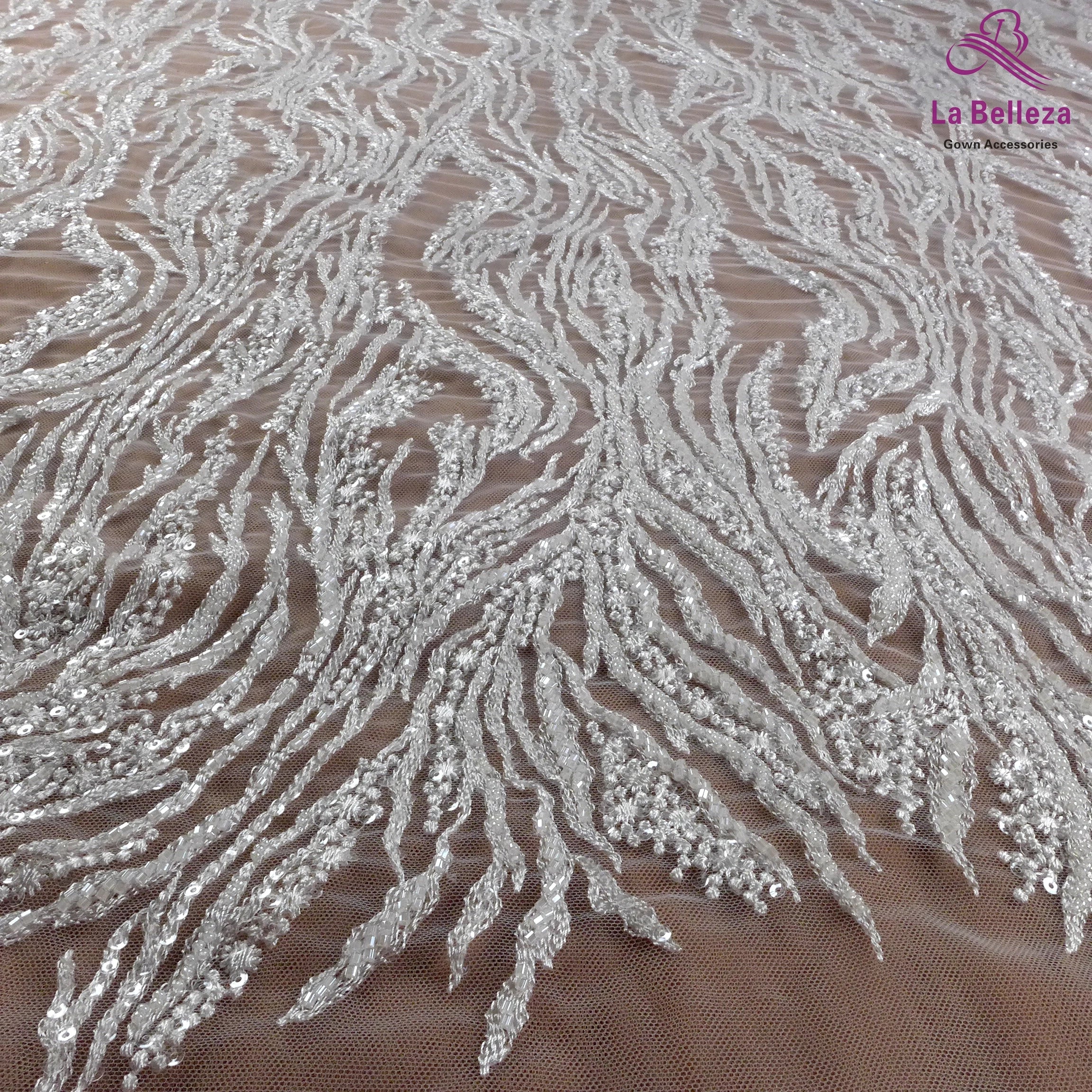 La Belleza Hot fashion bride lace,simple lines beading lace fabric,white lace fabric embroidered for wedding dresses by yard