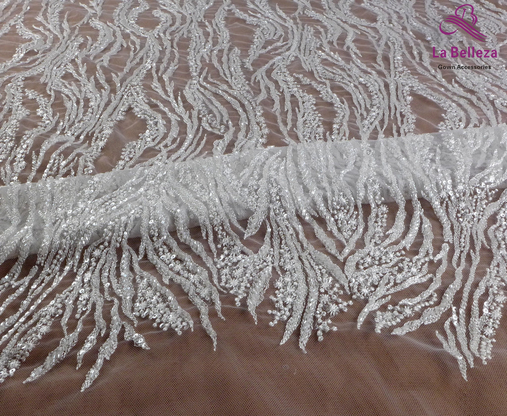 La Belleza Hot fashion bride lace,simple lines beading lace fabric,white lace fabric embroidered for wedding dresses by yard