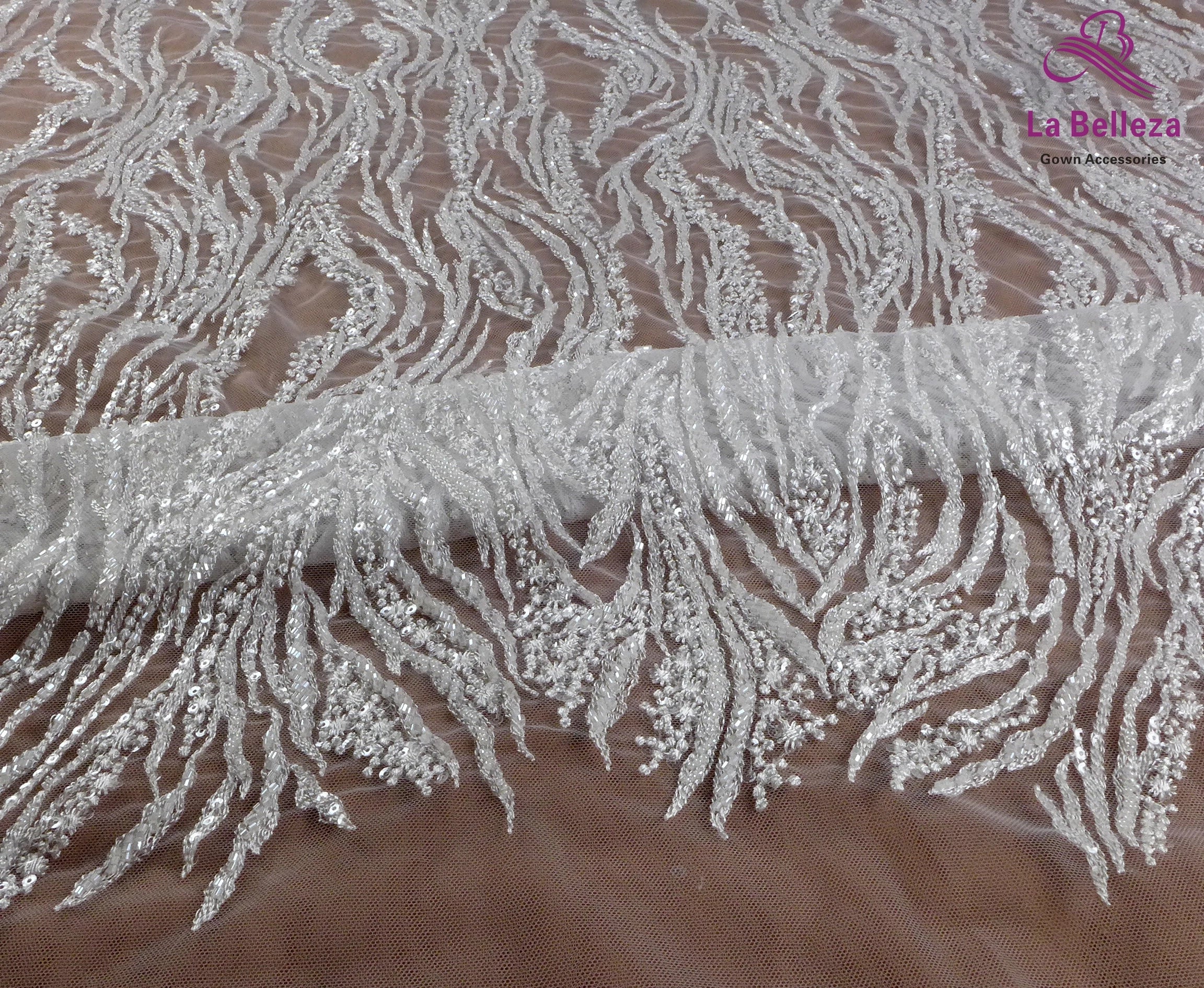 La Belleza Hot fashion bride lace,simple lines beading lace fabric,white lace fabric embroidered for wedding dresses by yard