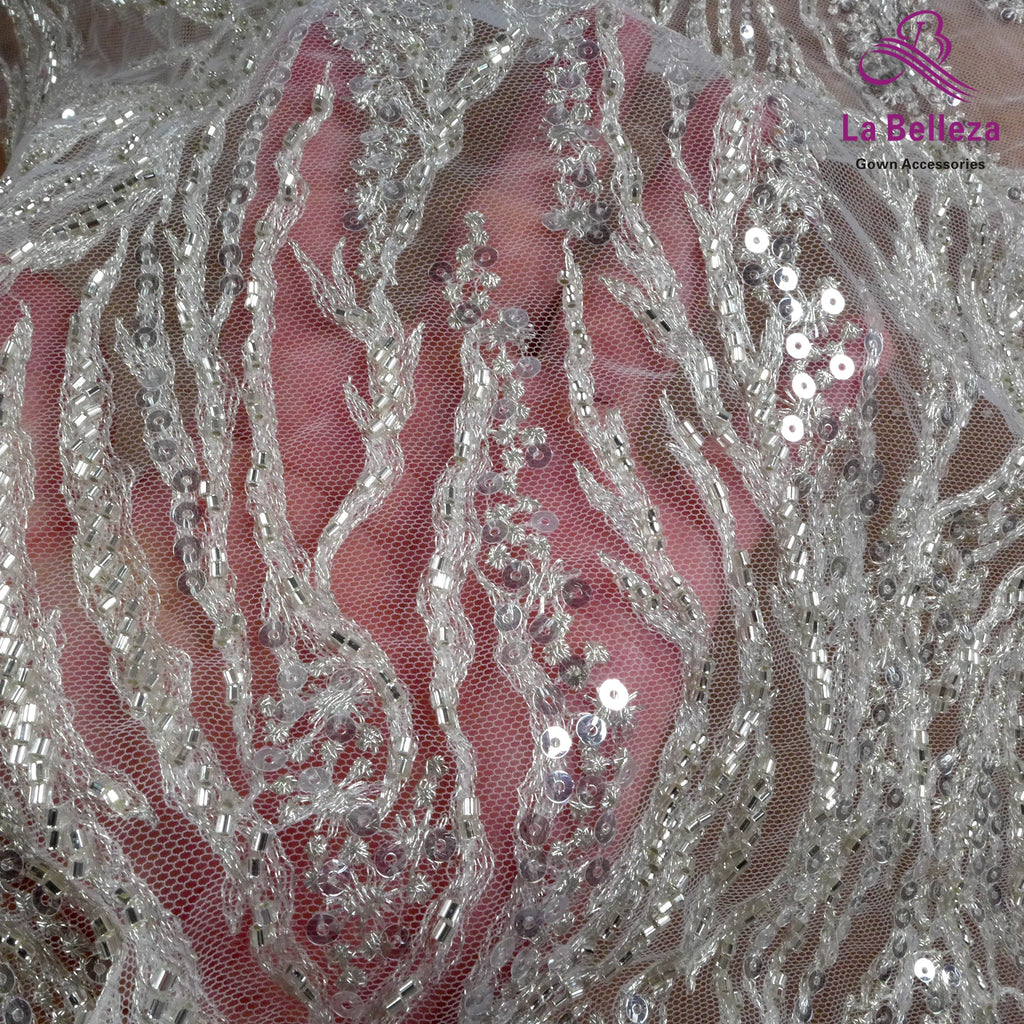 La Belleza Hot fashion bride lace,simple lines beading lace fabric,white lace fabric embroidered for wedding dresses by yard
