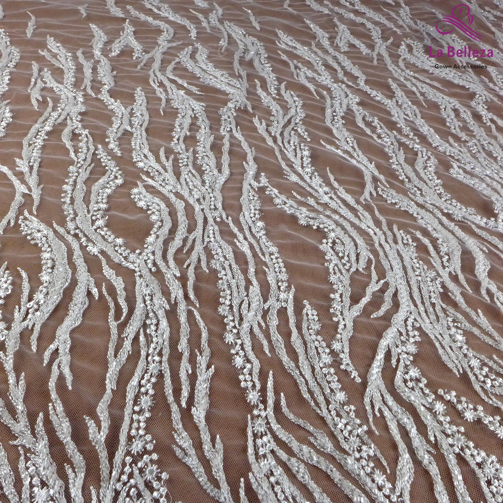 La Belleza Hot fashion bride lace,simple lines beading lace fabric,white lace fabric embroidered for wedding dresses by yard