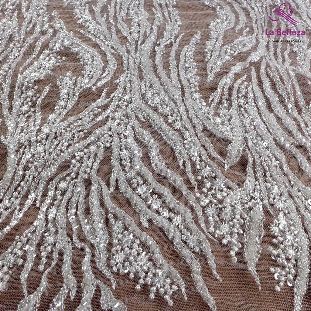 La Belleza Hot fashion bride lace,simple lines beading lace fabric,white lace fabric embroidered for wedding dresses by yard